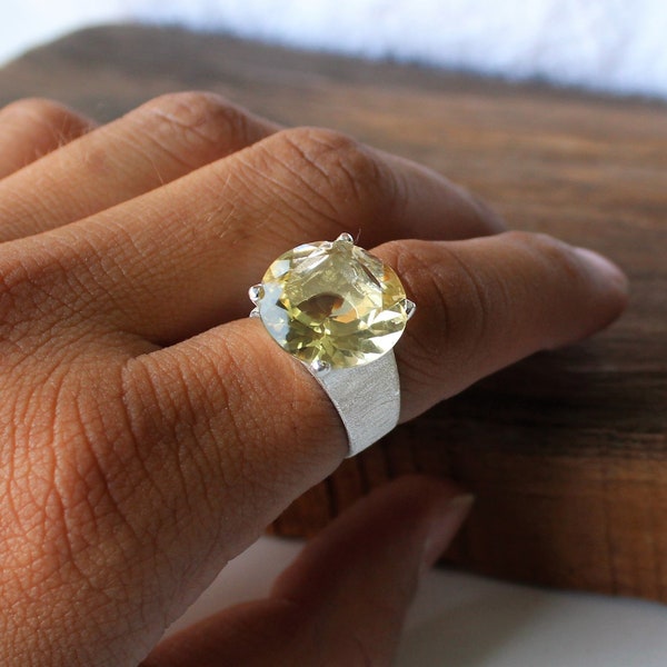 Natural Lemon quartz ring, Sterling silver statement ring,  large gemstone, anniversary gift