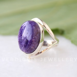 Natural AAA Charoite Ring, 92.5 Solid Sterling silver statement ring