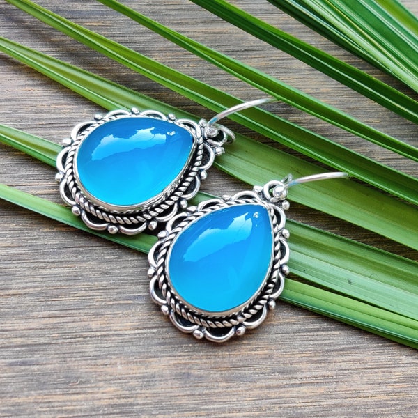 AAA Blue Chalcedony earrings, Sterling silver earrings, Cute unique earrings, Comfortable Everyday Usage, long teardrop dangles