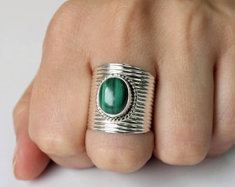 Natural Malachite ring, Bold Sterling Silver Statement ring, alternative engagement ring, 100% handmade, simple and elegant style