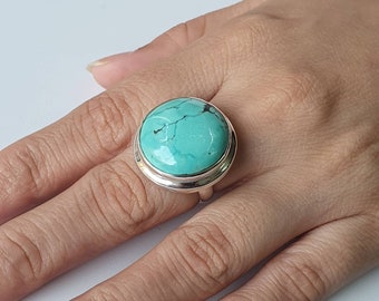 Stacking ring 92.5/% Solid sterling silver ring round shape turquoise stone ring handmade ring silver Turquoise ring Turquoise ring