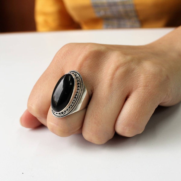 Schwarzer Onyx-Ring, großer Edelsteinring aus Sterlingsilber, Statement-Ring,