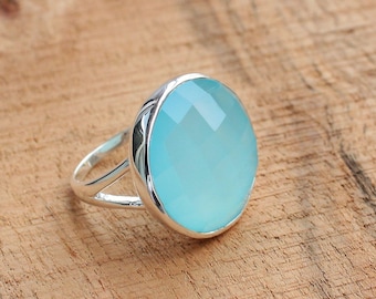 Aqua chalcedony ring, 92.5, Sterling Silver ring, cocktail ring, alternative engagement ring, aqua chalcedony jewelry, Halloween jewellery