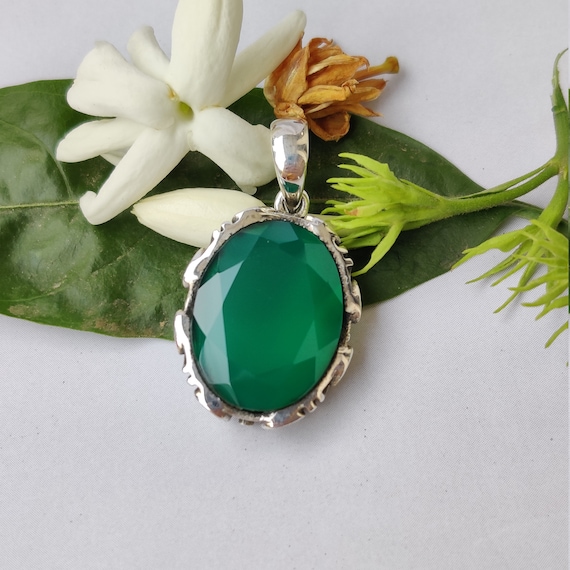Natural Green Onyx Pendant, Sterling Silver, Statement Piece