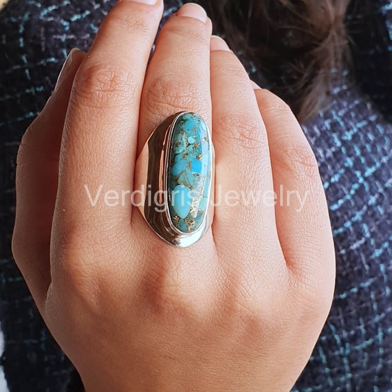 Bague Turquoise Ovale Argent 925 Et Cuivre Vert - Cadeau De Noël - Pierre 5.25 Carats