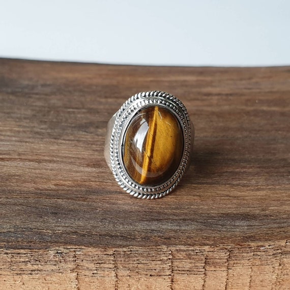 Natural Tiger s Eye Ring Sterling Silver Large Gemstone Ring