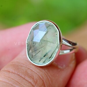 Natural Rutilated Prehnite ring, Bold Sterling Silver ring, Statement ring, alternative engagement ring Rose Cut Gemstone image 3