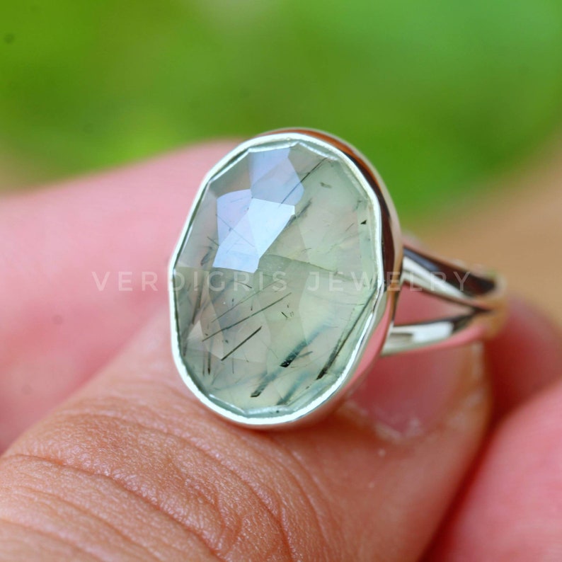 Natural Rutilated Prehnite ring, Bold Sterling Silver ring, Statement ring, alternative engagement ring Rose Cut Gemstone image 3