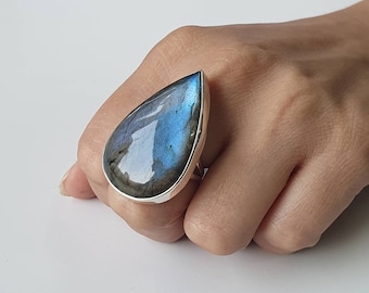 Natürlicher Labradorit Ring, 925er Sterling Silber Boho Ring, großer Edelstein Ring