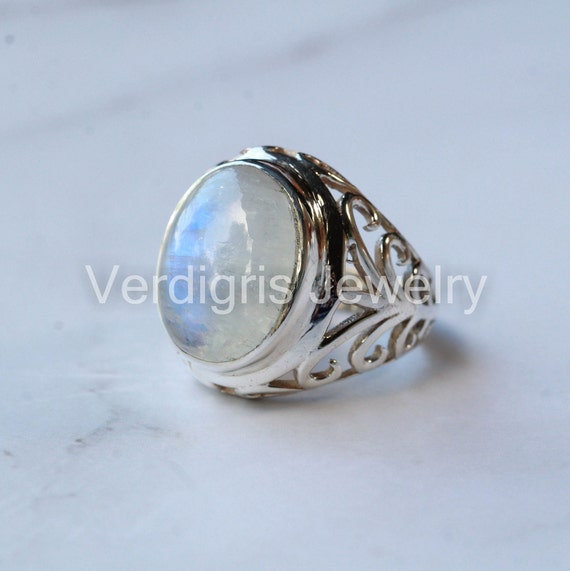 Bold and Clear Rainbow Moonstone and Sterling Silver Ring Bold and Clear Rainbow Moonstone and Sterling Silver Ring