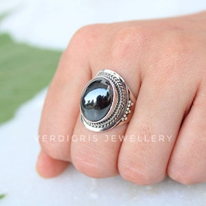 Natural Hematite ring, Bold Sterling Silver Statement ring, handmade ring, adjustable band