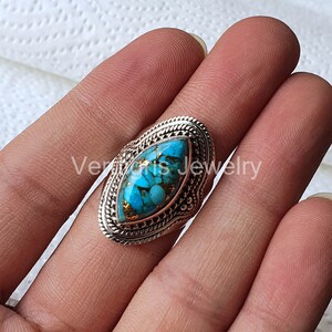 Blue Copper Turquoise sterling silver ring, Gemstone jewelry, Rings for women, Birthstone ring, Boho, Antique ring, Silver jewelry