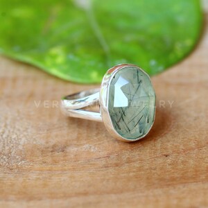 Natural Rutilated Prehnite ring, Bold Sterling Silver ring, Statement ring, alternative engagement ring Rose Cut Gemstone image 9