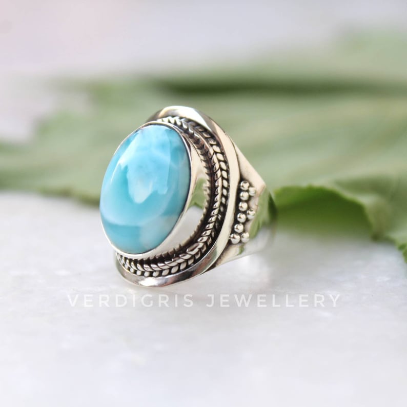 native American style alternative engagement ring Natural larimar ring 100/% handmade Bold Sterling Silver Statement ring AAA larimar