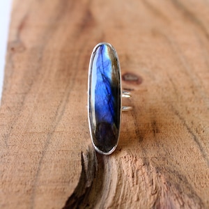 Natural labradorite ring, 92.5 Sterling Silver statement boho ring, large gemstone ring