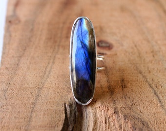 Natural Labradorite Ring, 925 Sterling Silver Boho Statement Ring