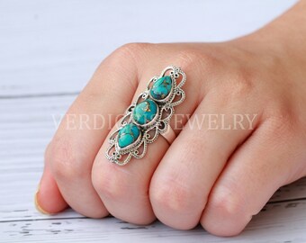 Natural Blue Copper Turquoise Ring, Cute Sterling Silver Statement Ring, Handmade Jewelry, Ethical Gemstone