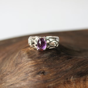 Amethyst ring, Sterling silver ring, statement gemstone ring, handmade, contemporary floral style, February birthstone, AAA Cabochons