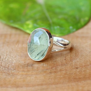 Natural Rutilated Prehnite ring, Bold Sterling Silver ring, Statement ring, alternative engagement ring Rose Cut Gemstone image 5
