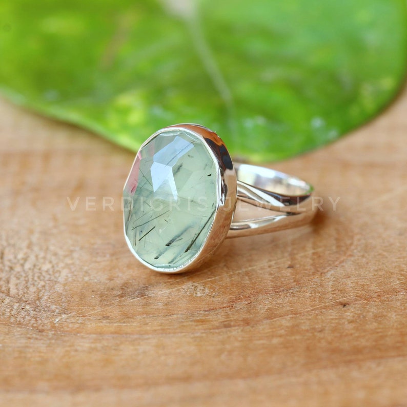 Natural Rutilated Prehnite ring, Bold Sterling Silver ring, Statement ring, alternative engagement ring Rose Cut Gemstone image 5