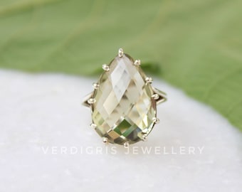 Pear Green Amethyst Ring, Sterling Silver Statement Ring
