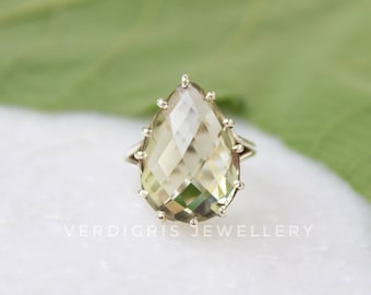 Beautiful Green Amethyst Ring, Sterling silver statement ring, pear shape faceted gemstone