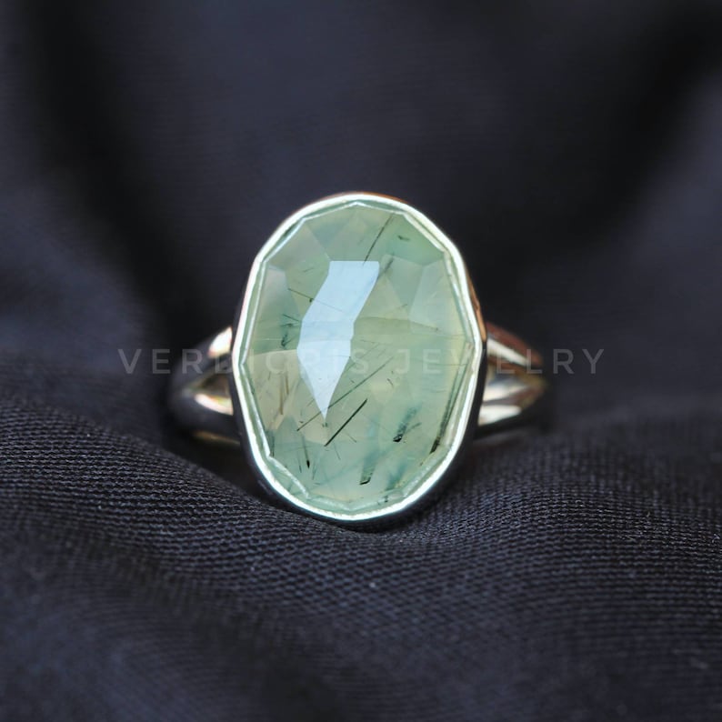 Natural Rutilated Prehnite ring, Bold Sterling Silver ring, Statement ring, alternative engagement ring Rose Cut Gemstone image 2