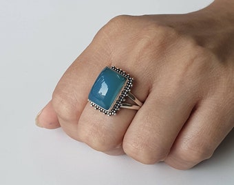 Blue chalcedony ring, Sterling silver ring