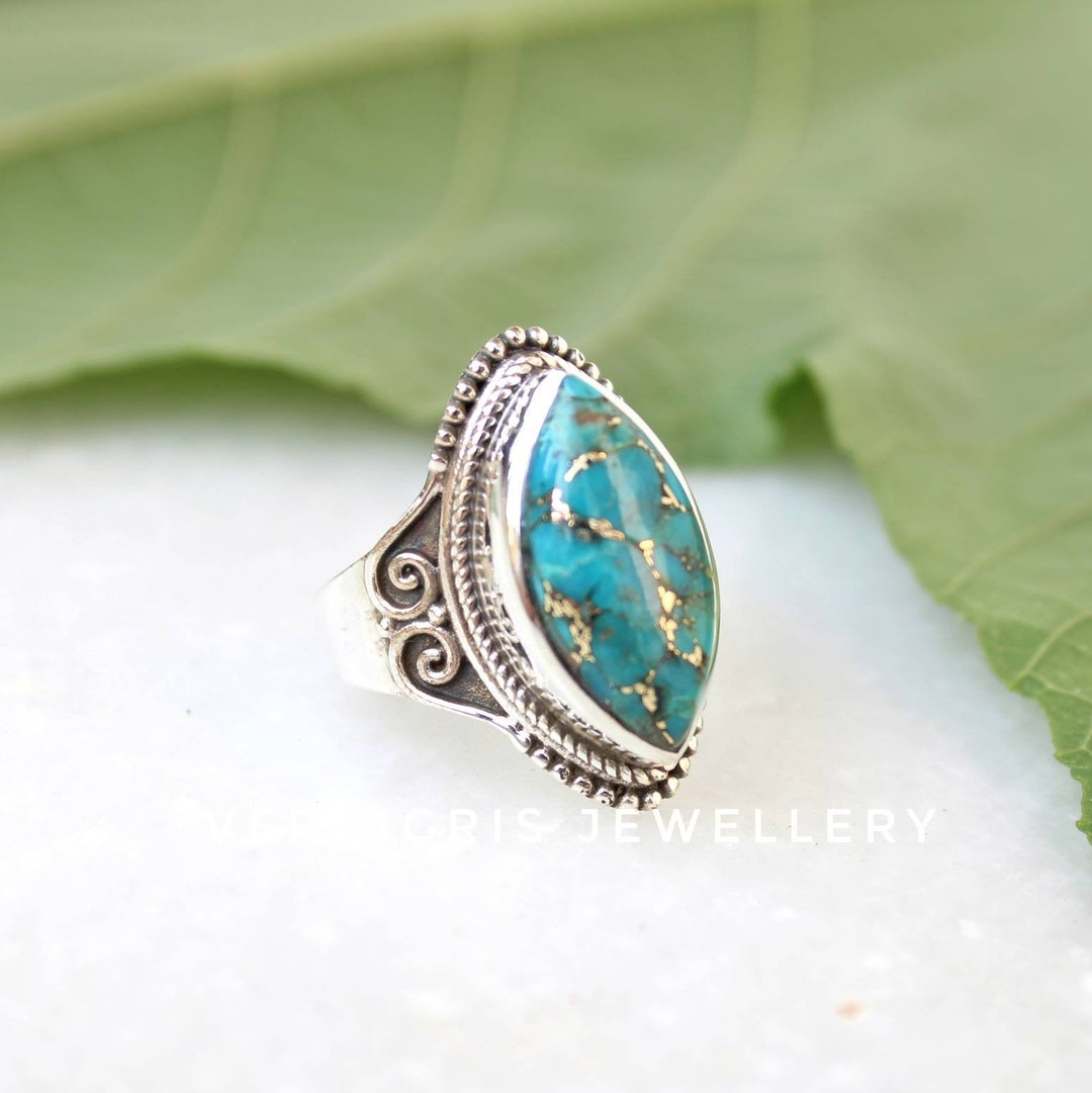 Women Boho Blue Mohave 925 Sterling Silver Brass Bold Ring main image 1
