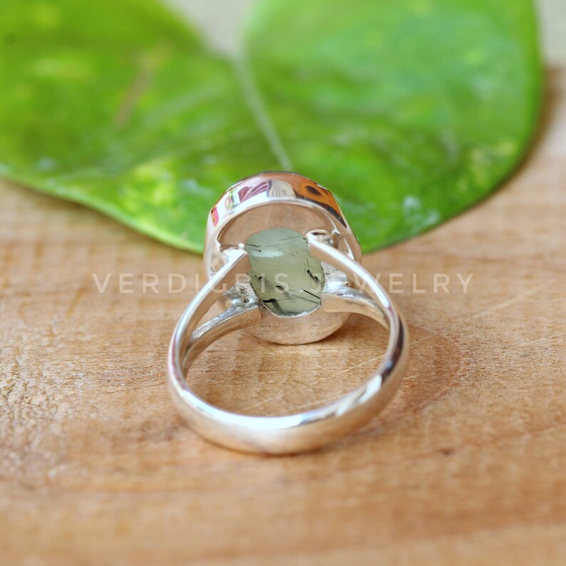 Natural Rutilated Prehnite ring, Bold Sterling Silver ring, Statement ring, alternative engagement ring Rose Cut Gemstone image 8