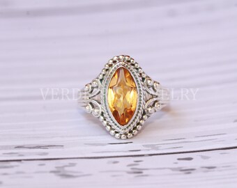 Bague Ancienne Créateur - Citrine Naturelle Énorme - Argent Massif - Taille 54