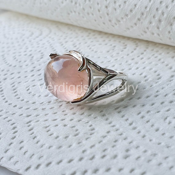 Bague Faite Main Quartz Rose Ovale - Monture Laiton Argenté, Taille 7.75, NEUVE