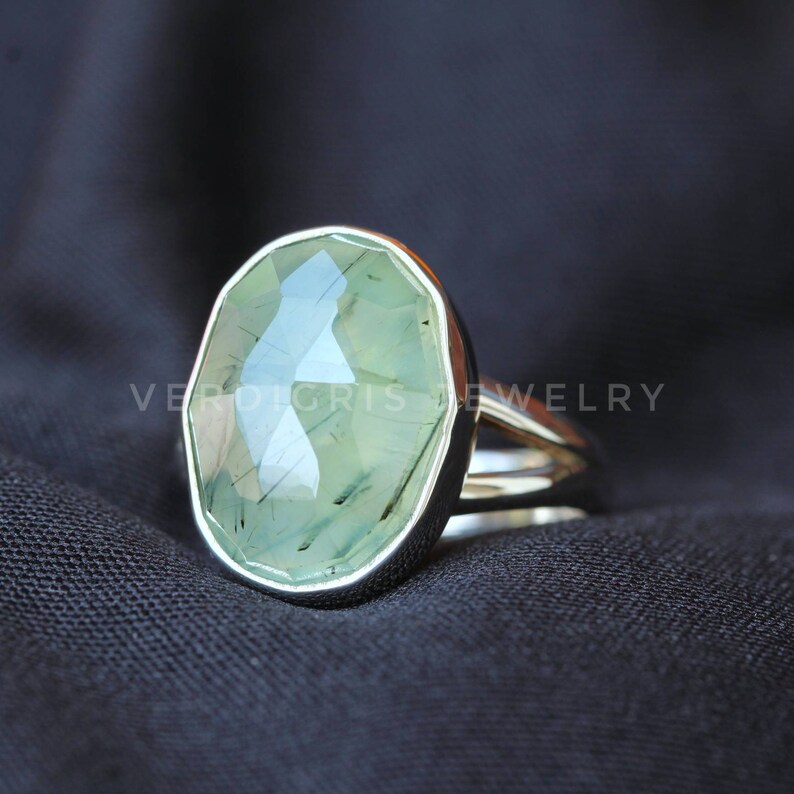 Natural Rutilated Prehnite ring, Bold Sterling Silver ring, Statement ring, alternative engagement ring Rose Cut Gemstone image 1