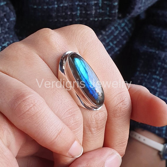 Bague En Labradorite Bleue Et Argent Massif 925 - Taille 51, Création Française