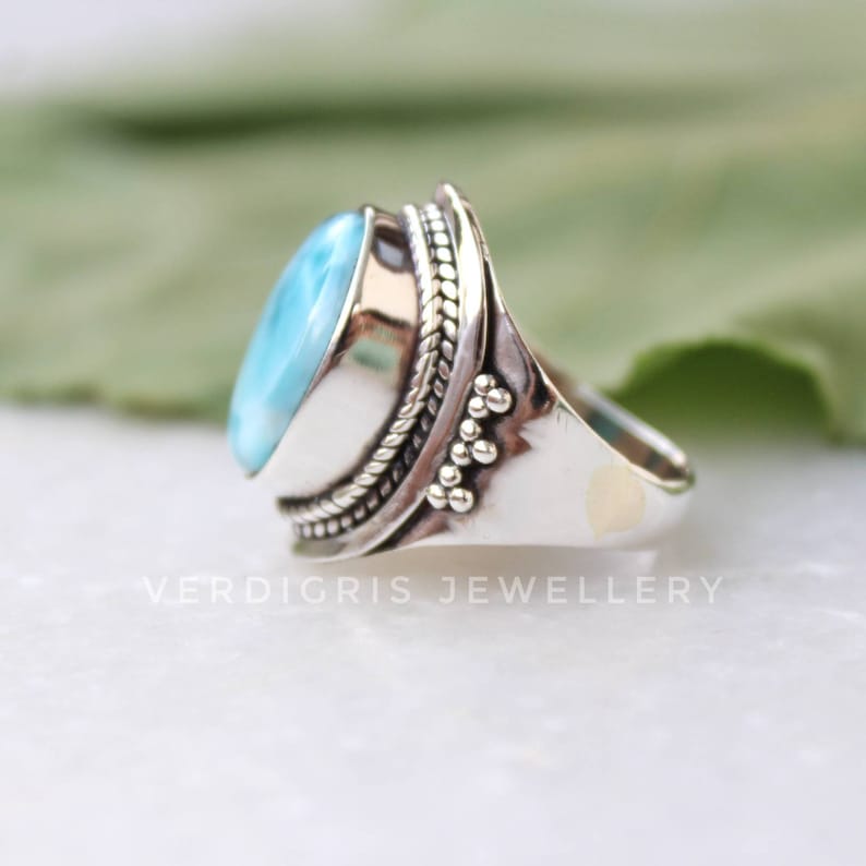 native American style alternative engagement ring Natural larimar ring 100/% handmade Bold Sterling Silver Statement ring AAA larimar