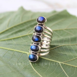Natural labradorite ring, 92.5 Sterling Silver statement boho ring, large gemstone ring