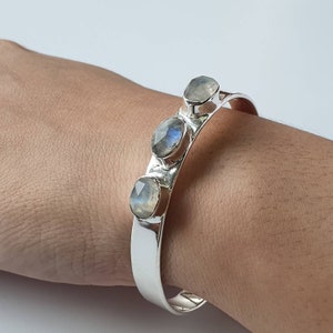Rainbow moonstone cuff, natural moonstone bangle, Sterling silver bracelet, 2.2 inches diameter, 0.33 inches wide, all sizes can be made.