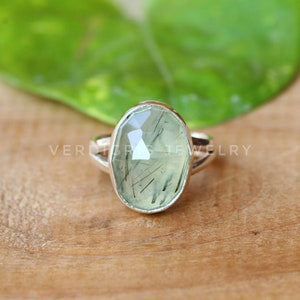 Natural Rutilated Prehnite ring, Bold Sterling Silver ring, Statement ring, alternative engagement ring Rose Cut Gemstone image 4