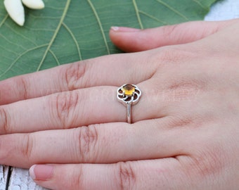 Citrine Sterling Silver Ring, Handmade Floral Statement Ring