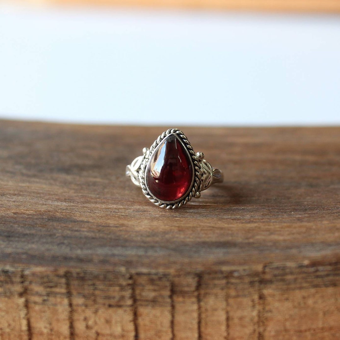 Natural Garnet Ring, Dainty Sterling Silver Ring, Statement Ring - Etsy