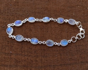 Regenbogen Mondstein Armband, natürlicher Mondstein, Sterling Silber Armband, 8 Zoll lang, zierliches Armband, Edelstein Armband, 92,5 Silber