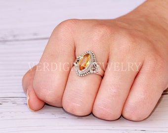 Bague Ancienne Créateur - Citrine Naturelle Énorme - Argent Massif - Taille 54