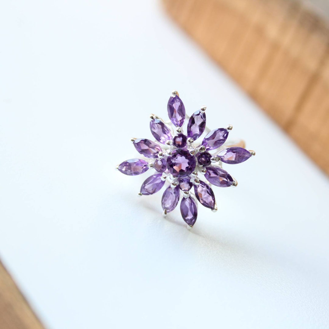 Natural AAA Amethyst Ring Sterling Silver Cluster Ring - Etsy