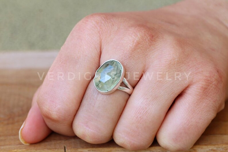 Natural Rutilated Prehnite ring, Bold Sterling Silver ring, Statement ring, alternative engagement ring Rose Cut Gemstone image 7