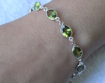 Pulsera de peridoto, peridoto natural, pulsera de plata esterlina, 8 pulgadas de largo, pulsera delicada, pulsera de piedras preciosas, plata 92.5, peridoto facetado