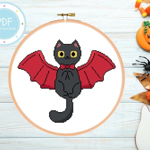 Przystojny Mały Diabełek - Uroczy Czarny Kot Halloween Wzór Haftu Krzyżykowego PDF Natychmiastowe Pobranie