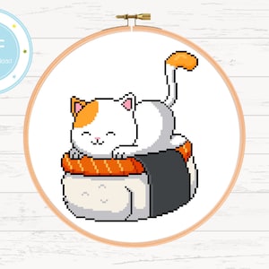 Cute Sushi Calico Cat Animal Cross Stitch Pattern PDF Instant Download