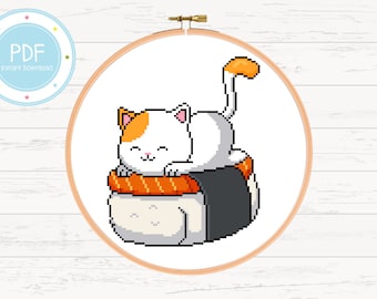 Cute Sushi Calico Cat Animal Cross Stitch Pattern PDF Instant Download