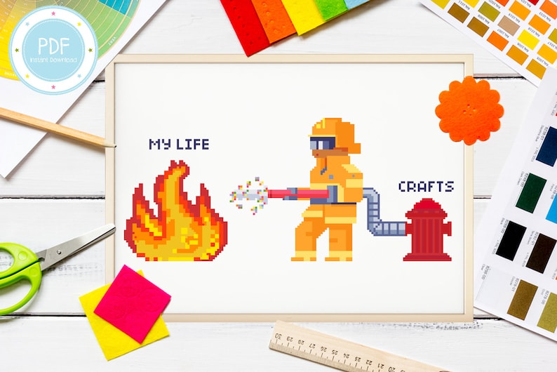 Cute and Quirky Craft Firefighter Funny Cross Stitch Pattern PDF Instant Download