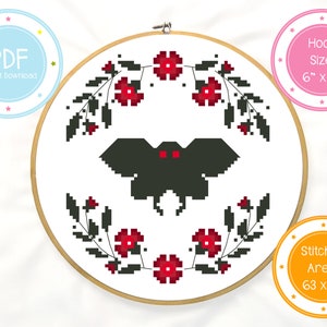 Cute Floral Mothman Wreath Paranormal Cryptid Cross Stitch Pattern PDF Instant Download image 1